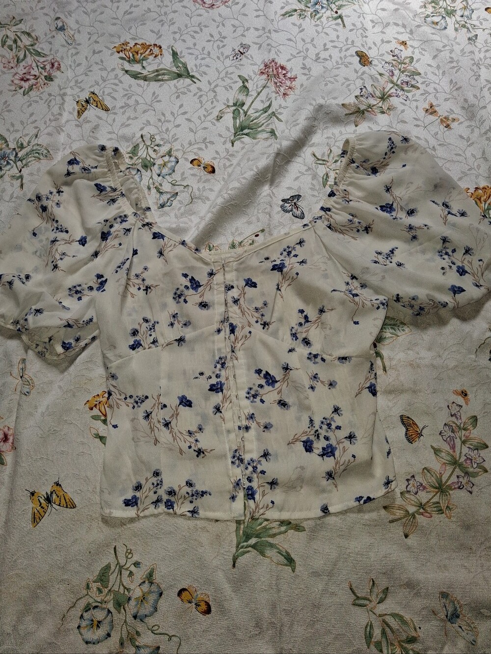 Sienna Sky White Puff-Sleeve Blouse with Blue Floral Print